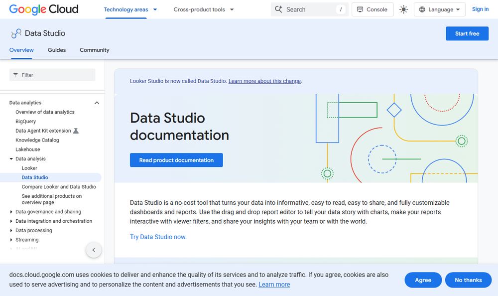 Google CloudのLooker Studio公式ドキュメントのトップページのファーストビュー