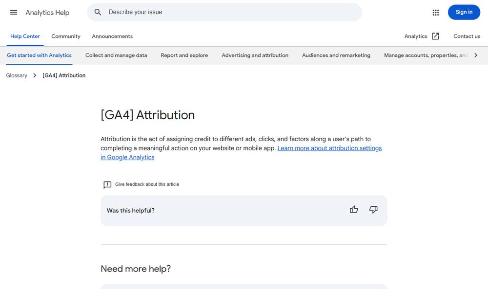 Google Analytics Help「Attribution」ページのファーストビュー