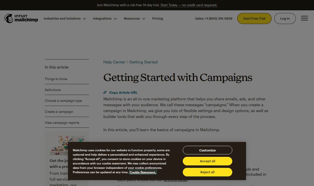 MailchimpのGetting Started with Campaignsページ