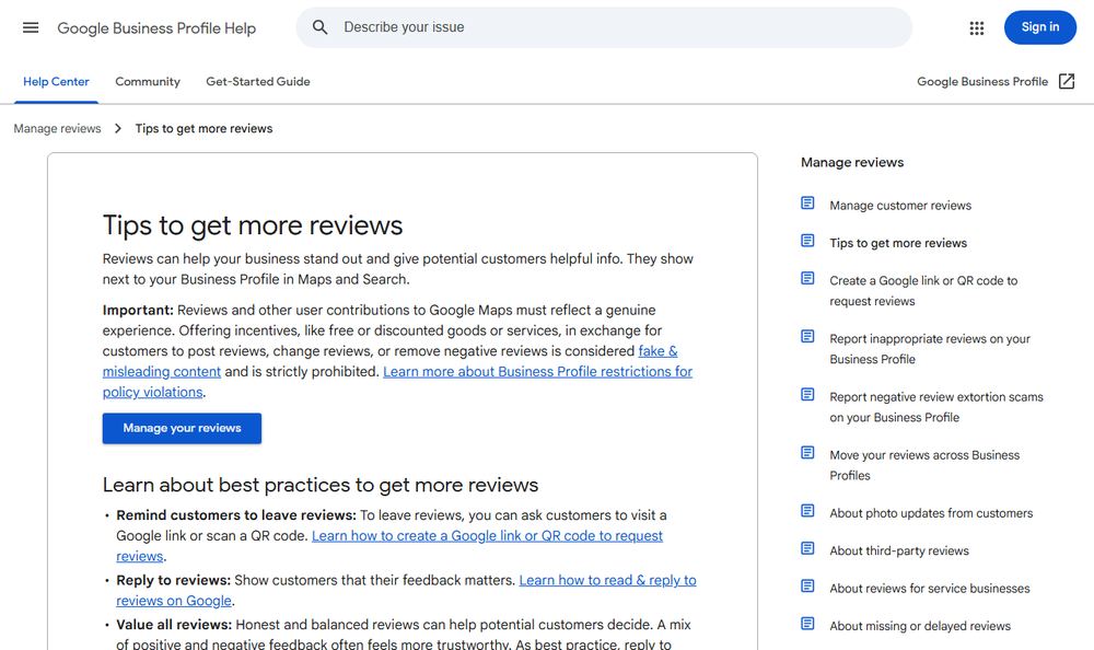 Google Business Profile HelpのTips to get more reviewsページ
