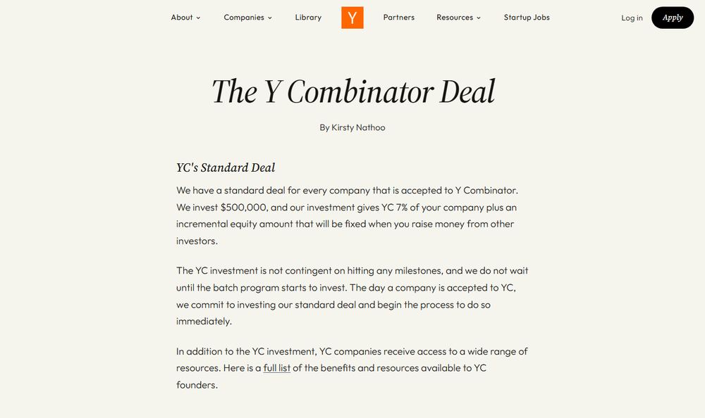 Y Combinator公式ページ「The YC Deal」のファーストビュー