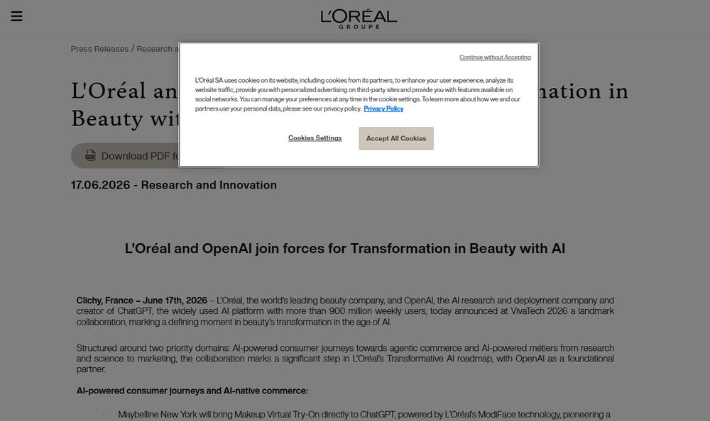 L'Oréal公式プレスリリース「L'Oréal and OpenAI join forces for Transformation in Beauty with AI」のファーストビュー