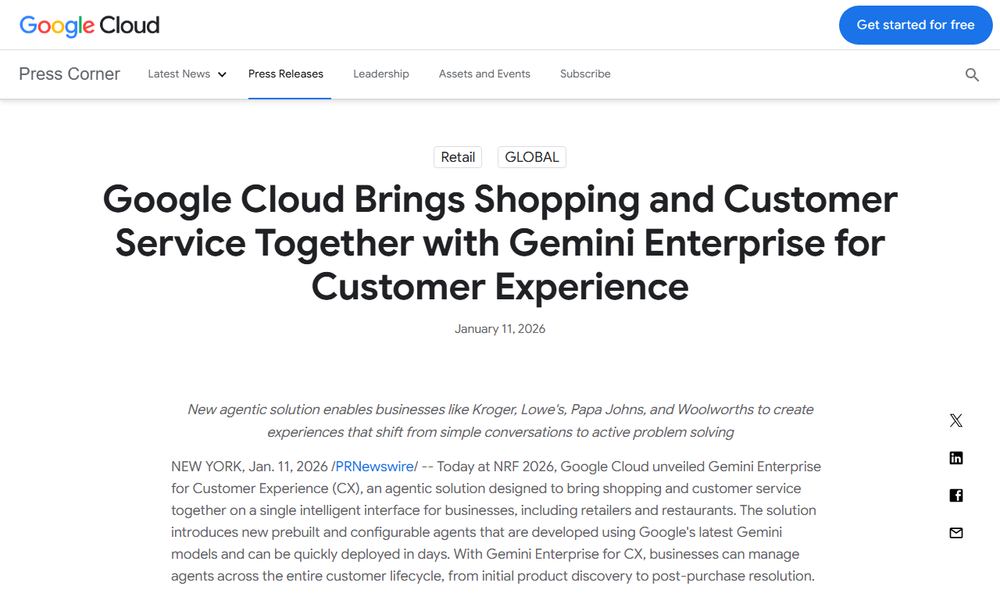 Google Cloud「Google Cloud Brings Shopping and Customer Service Together with Gemini Enterprise for Customer Experience」のファーストビュー