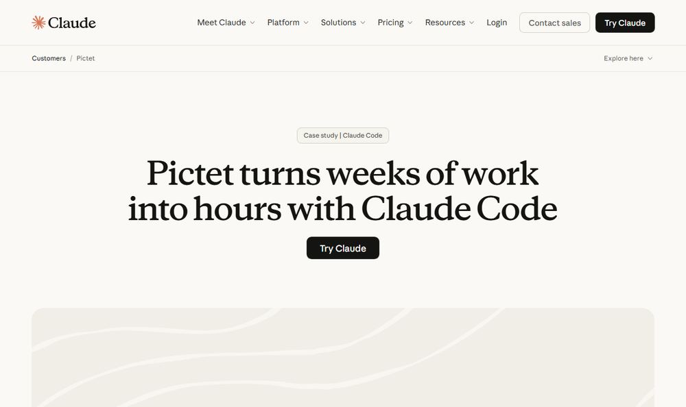 Claude 導入事例「Pictet turns weeks of work into hours with Claude Code」のファーストビュー