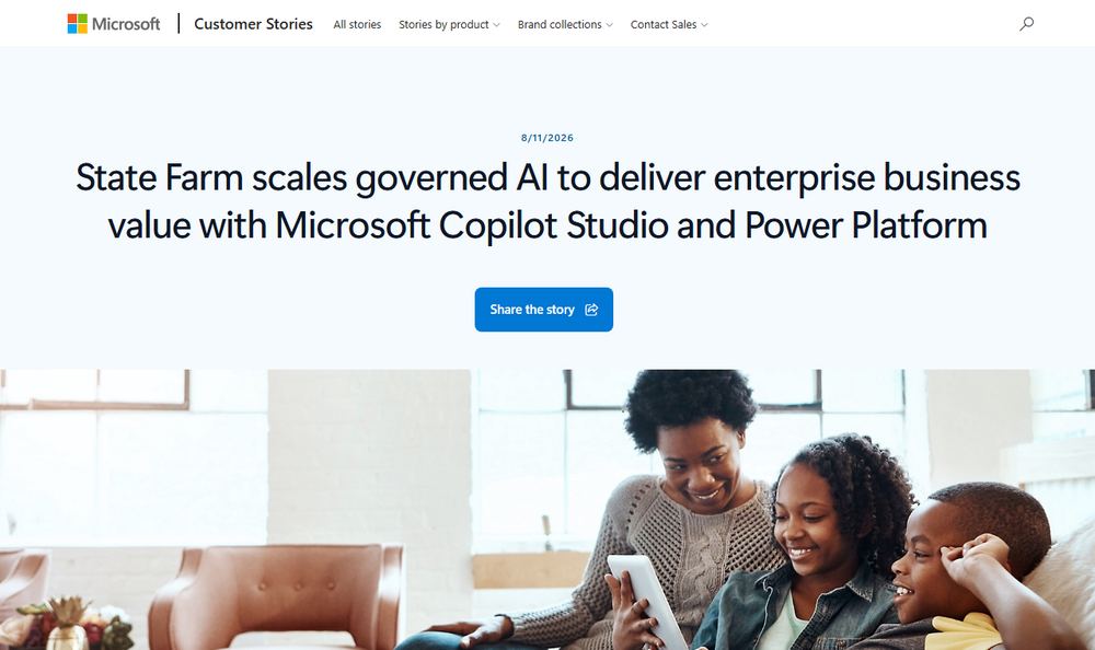 Microsoft Customer Stories「State Farm scales governed AI to deliver enterprise business value with Microsoft Copilot Studio and Power Platform」のファーストビュー