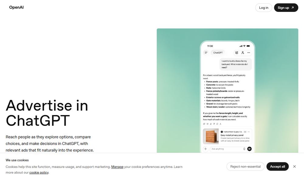OpenAIの広告主向け公式ページ「Advertise in ChatGPT」のファーストビュー