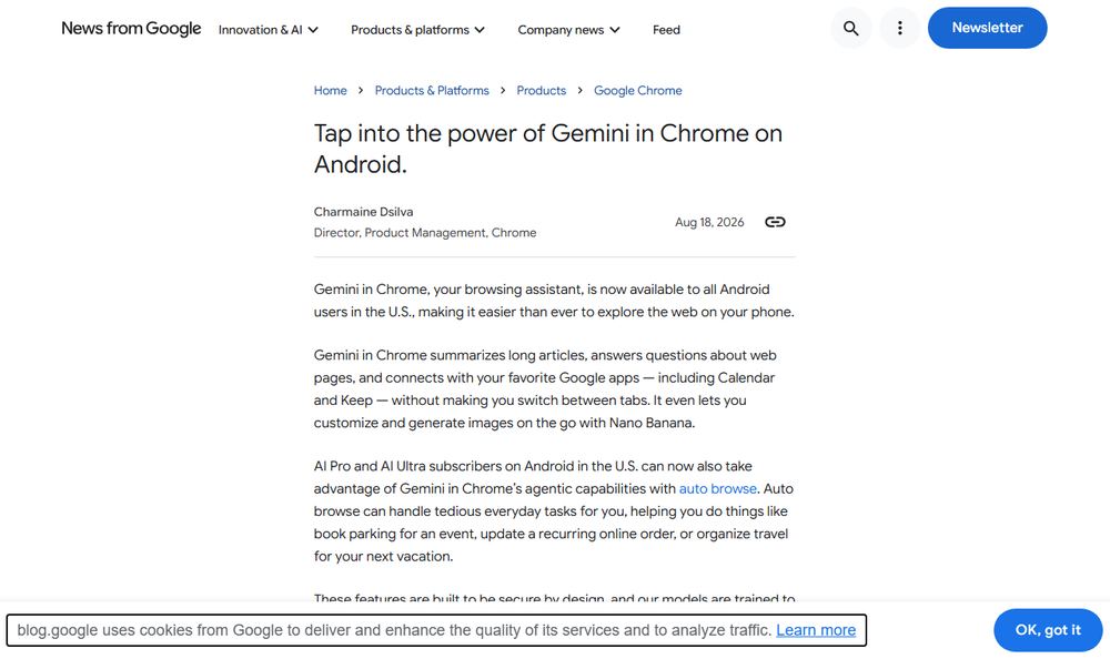 Google公式ブログ「Gemini in Chrome on Android」のファーストビュー