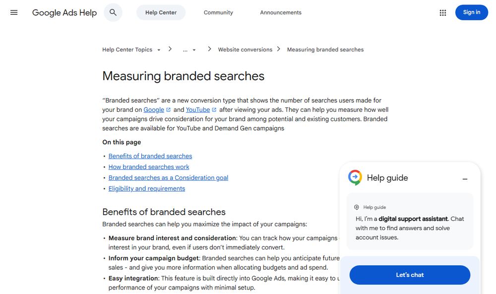 Google 広告ヘルプ「Measuring branded searches」のファーストビュー