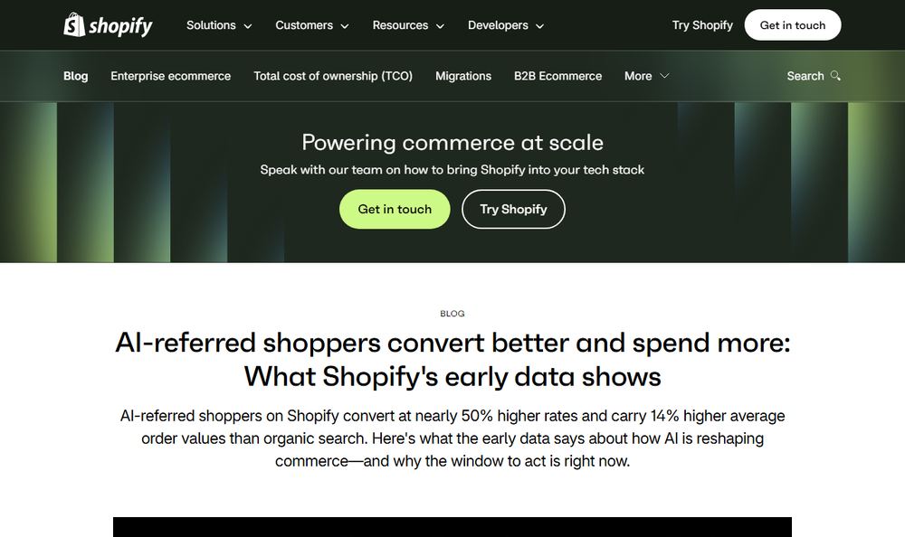 Shopify Enterprise「AI-referred shoppers convert better and spend more」のファーストビュー