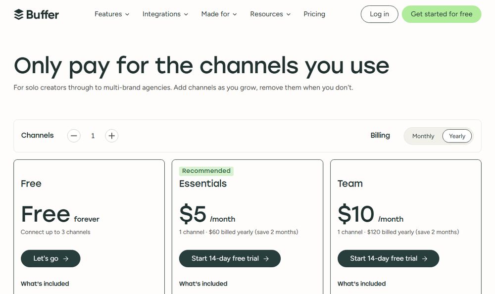 Buffer公式料金ページのファーストビュー。Free・Essentials・Teamの3プランと、1チャネルあたりの金額が並んでいる