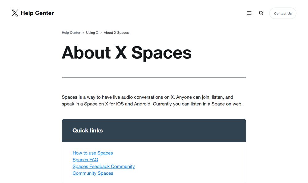 X公式ヘルプ「About X Spaces」のファーストビュー