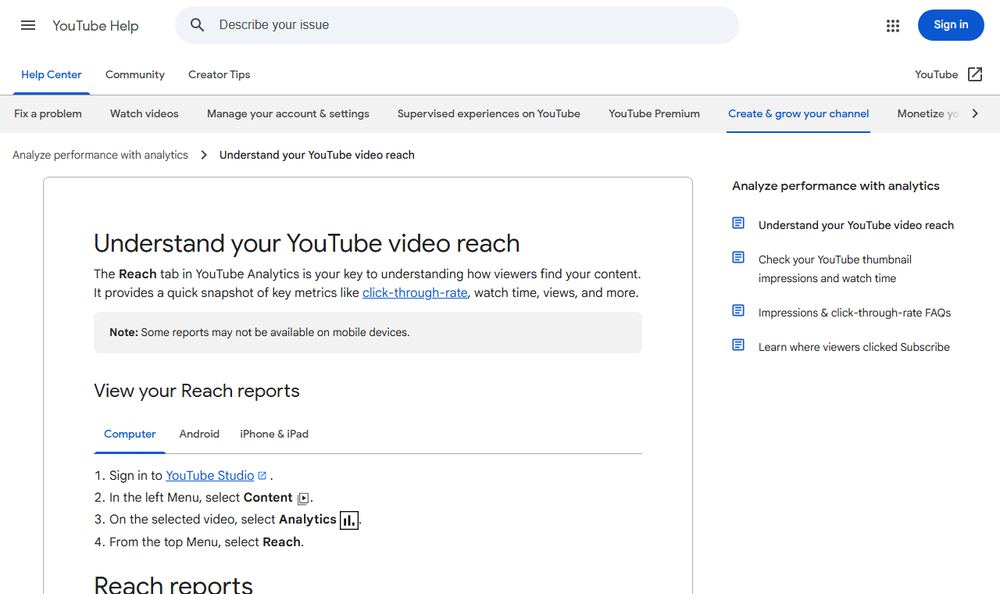YouTube Helpの動画リーチ解説ページのファーストビュー